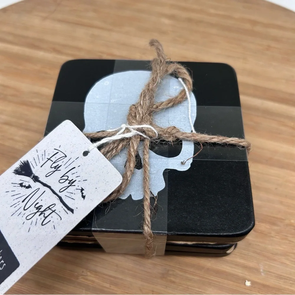 New set of 4 Marble Square Halloween Skull coasters Goth 4” x 4” square New